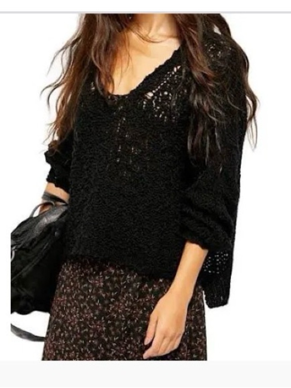 Free People Black Open-Weave V-Neck Sweater - Oversized XS - NWT